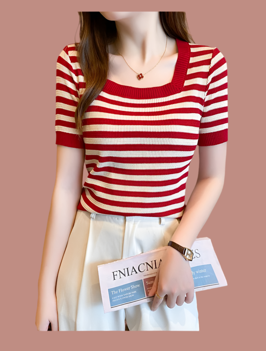 Summer Short Sleeve Striped T-Shirt Women Knitted Shirts Pullover Tops Female Elastic Casual Knit Tee Women's T-Shirts Crop Tops