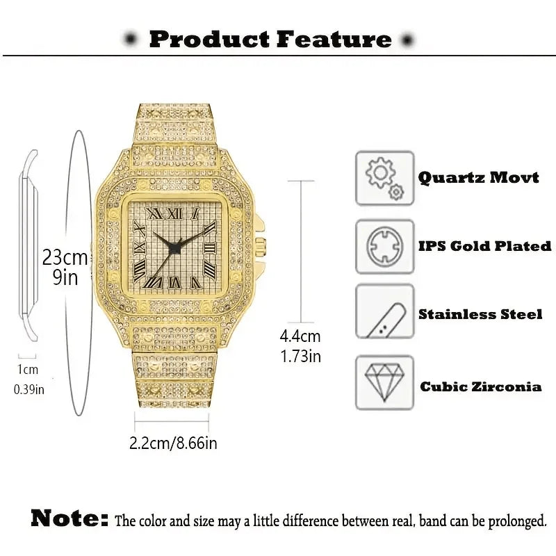 Classic Luxury Business Men's Steel Strap Square Roman Scale Rhinestone Quartz Watch Lesiure Male Wristwatch Relogio Masculino