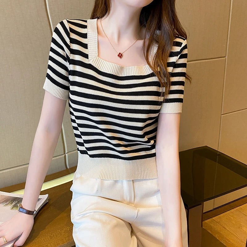 Summer Short Sleeve Striped T-Shirt Women Knitted Shirts Pullover Tops Female Elastic Casual Knit Tee Women's T-Shirts Crop Tops