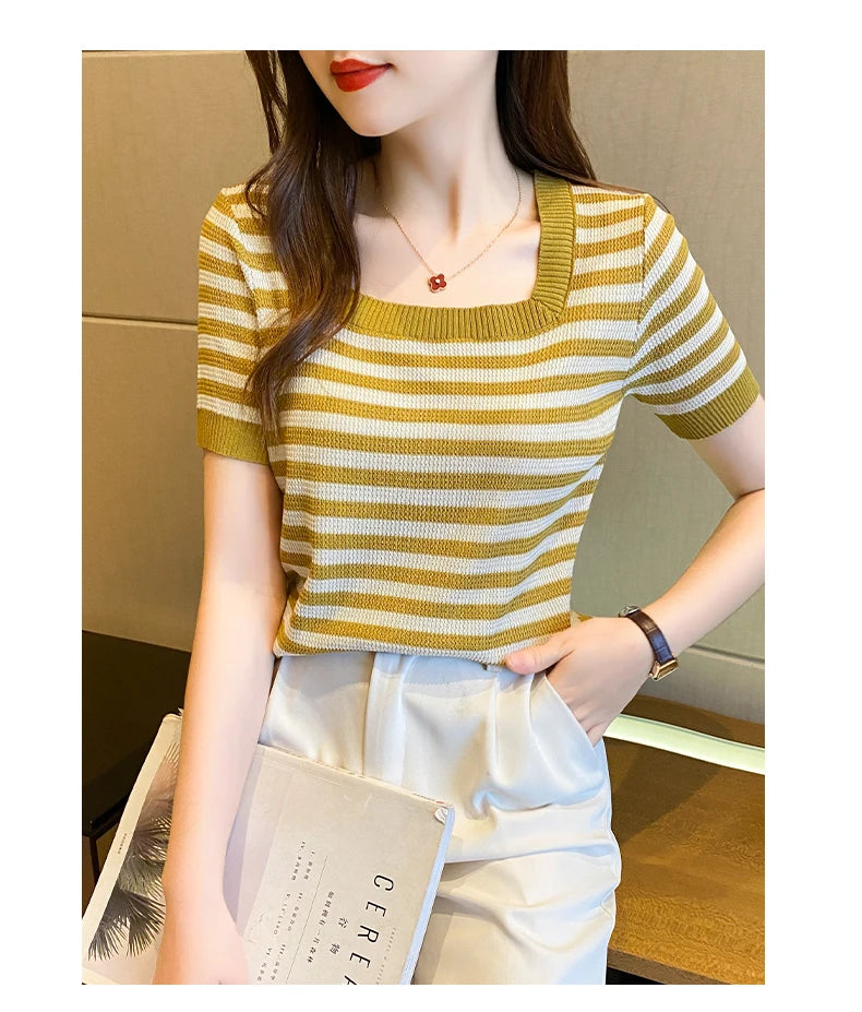 Summer Short Sleeve Striped T-Shirt Women Knitted Shirts Pullover Tops Female Elastic Casual Knit Tee Women's T-Shirts Crop Tops