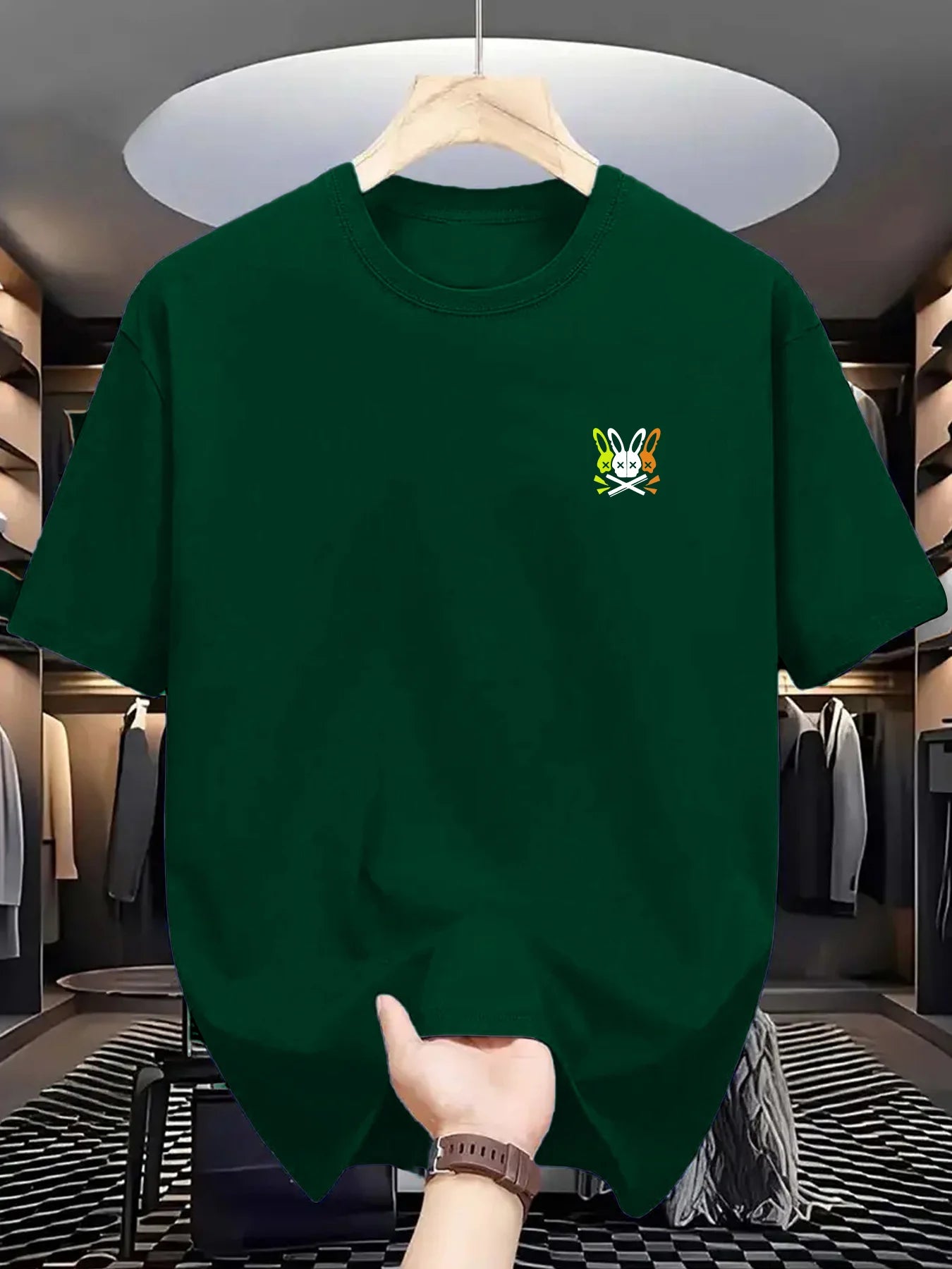 Summer men's 100% pure cotton sports casual loose skeleton rabbit pattern printed comfortable round neck short sleeved T-shirt