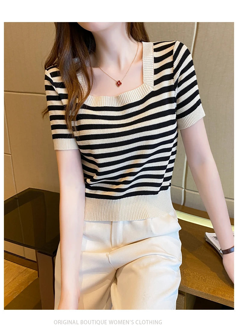Summer Short Sleeve Striped T-Shirt Women Knitted Shirts Pullover Tops Female Elastic Casual Knit Tee Women's T-Shirts Crop Tops