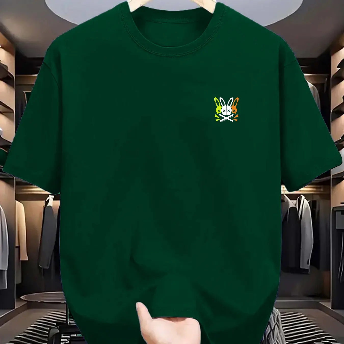 Summer men's 100% pure cotton sports casual loose skeleton rabbit pattern printed comfortable round neck short sleeved T-shirt