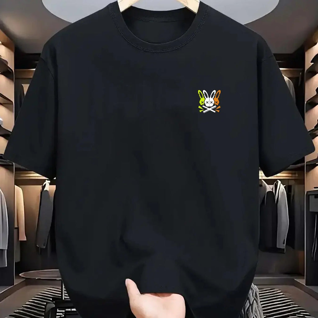 Summer men's 100% pure cotton sports casual loose skeleton rabbit pattern printed comfortable round neck short sleeved T-shirt