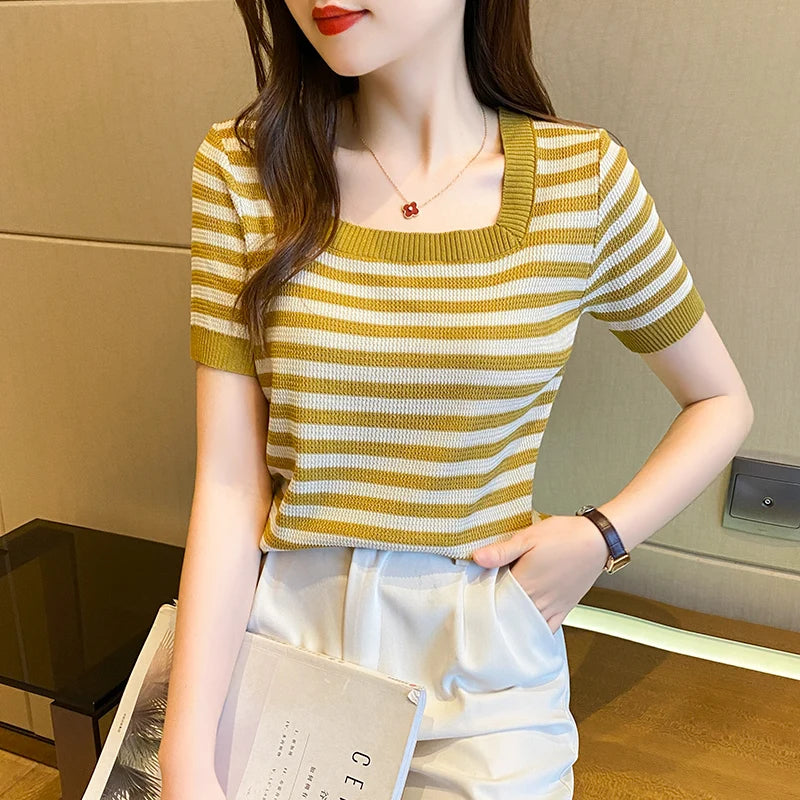 Summer Short Sleeve Striped T-Shirt Women Knitted Shirts Pullover Tops Female Elastic Casual Knit Tee Women's T-Shirts Crop Tops