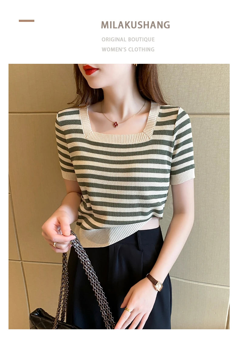 Summer Short Sleeve Striped T-Shirt Women Knitted Shirts Pullover Tops Female Elastic Casual Knit Tee Women's T-Shirts Crop Tops