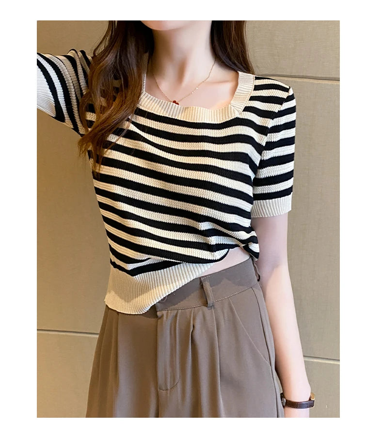 Summer Short Sleeve Striped T-Shirt Women Knitted Shirts Pullover Tops Female Elastic Casual Knit Tee Women's T-Shirts Crop Tops