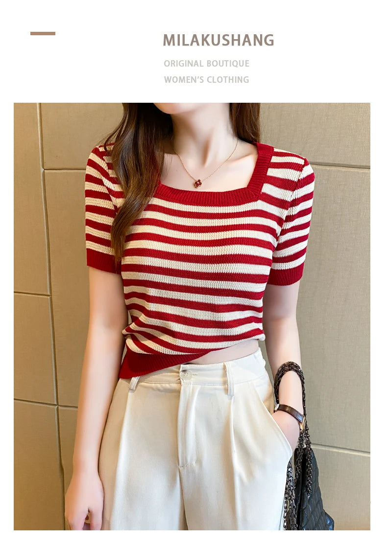Summer Short Sleeve Striped T-Shirt Women Knitted Shirts Pullover Tops Female Elastic Casual Knit Tee Women's T-Shirts Crop Tops
