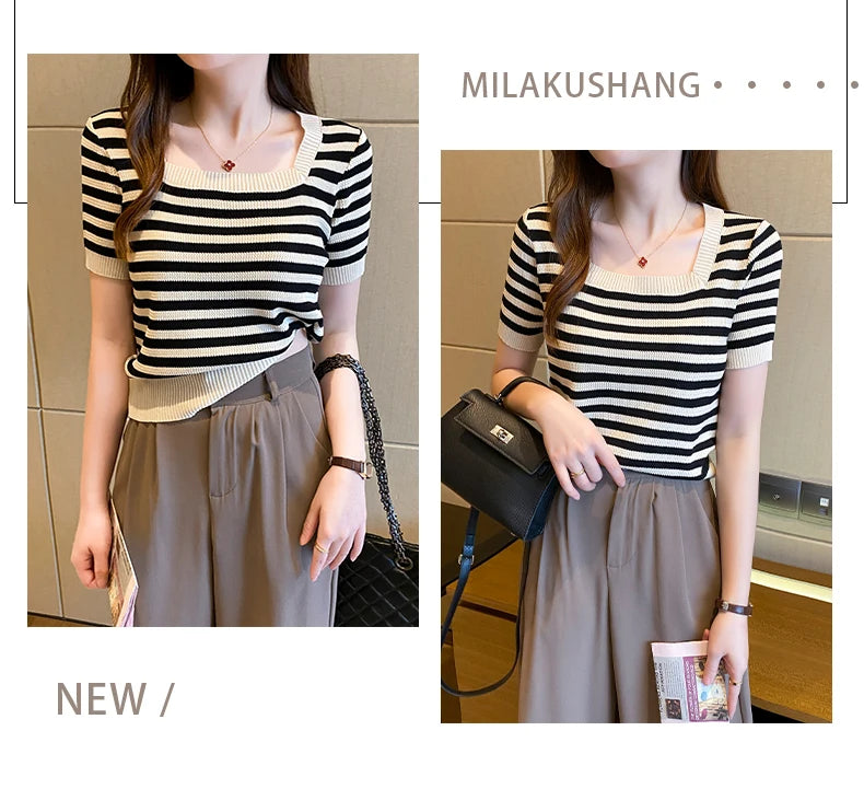 Summer Short Sleeve Striped T-Shirt Women Knitted Shirts Pullover Tops Female Elastic Casual Knit Tee Women's T-Shirts Crop Tops