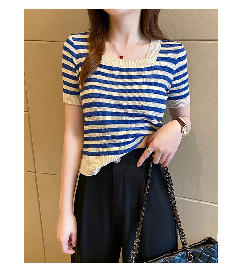 Summer Short Sleeve Striped T-Shirt Women Knitted Shirts Pullover Tops Female Elastic Casual Knit Tee Women's T-Shirts Crop Tops