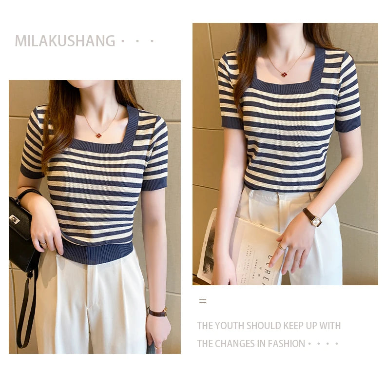 Summer Short Sleeve Striped T-Shirt Women Knitted Shirts Pullover Tops Female Elastic Casual Knit Tee Women's T-Shirts Crop Tops