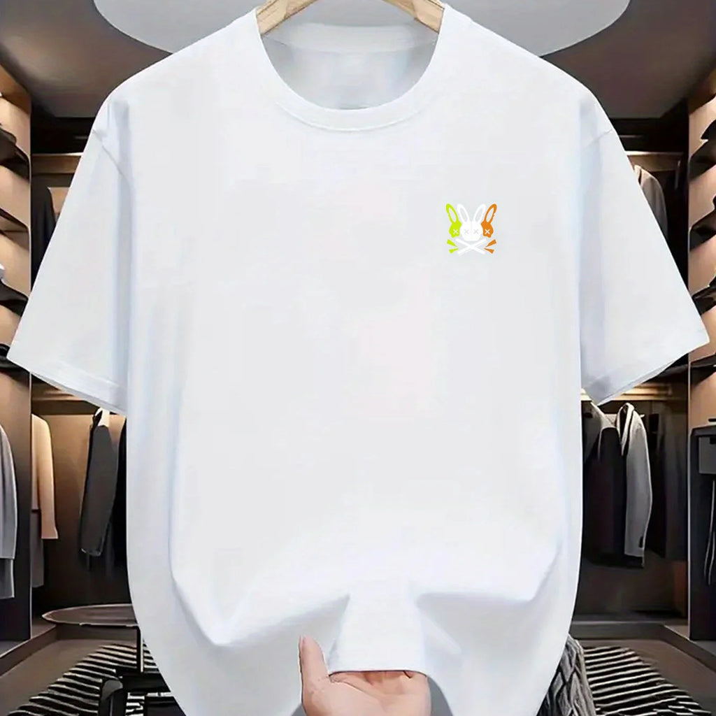 Summer men's 100% pure cotton sports casual loose skeleton rabbit pattern printed comfortable round neck short sleeved T-shirt