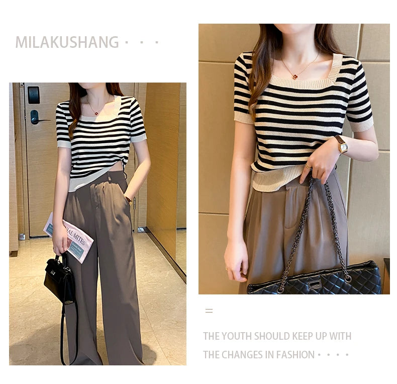 Summer Short Sleeve Striped T-Shirt Women Knitted Shirts Pullover Tops Female Elastic Casual Knit Tee Women's T-Shirts Crop Tops