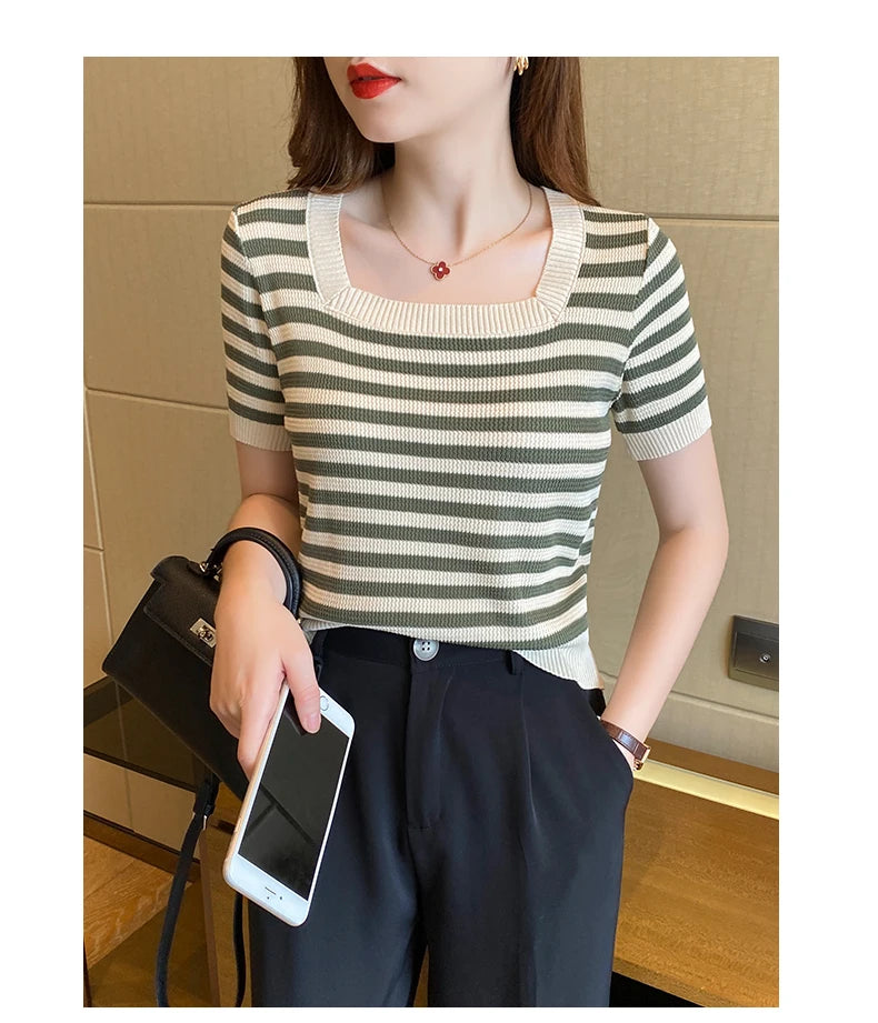 Summer Short Sleeve Striped T-Shirt Women Knitted Shirts Pullover Tops Female Elastic Casual Knit Tee Women's T-Shirts Crop Tops