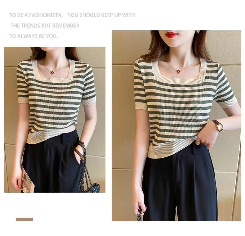 Summer Short Sleeve Striped T-Shirt Women Knitted Shirts Pullover Tops Female Elastic Casual Knit Tee Women's T-Shirts Crop Tops