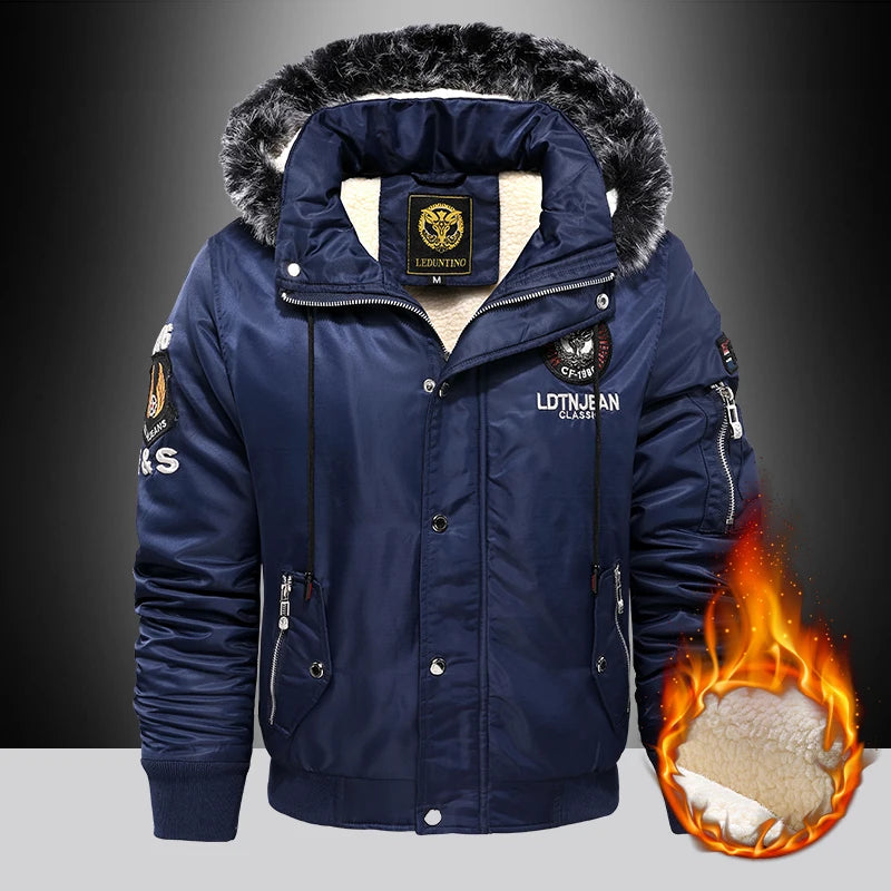 Men's Winter Warm, Hooded Jacket with Raw Edge, Lined Aviator Jacket, Embroidered Badge Design, Windproof and Waterproof Jacket