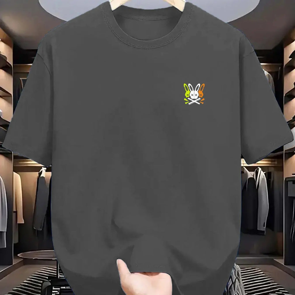 Summer men's 100% pure cotton sports casual loose skeleton rabbit pattern printed comfortable round neck short sleeved T-shirt