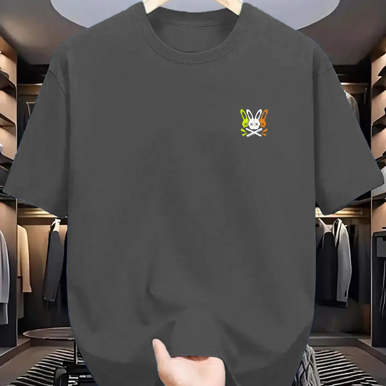 Summer men's 100% pure cotton sports casual loose skeleton rabbit pattern printed comfortable round neck short sleeved T-shirt