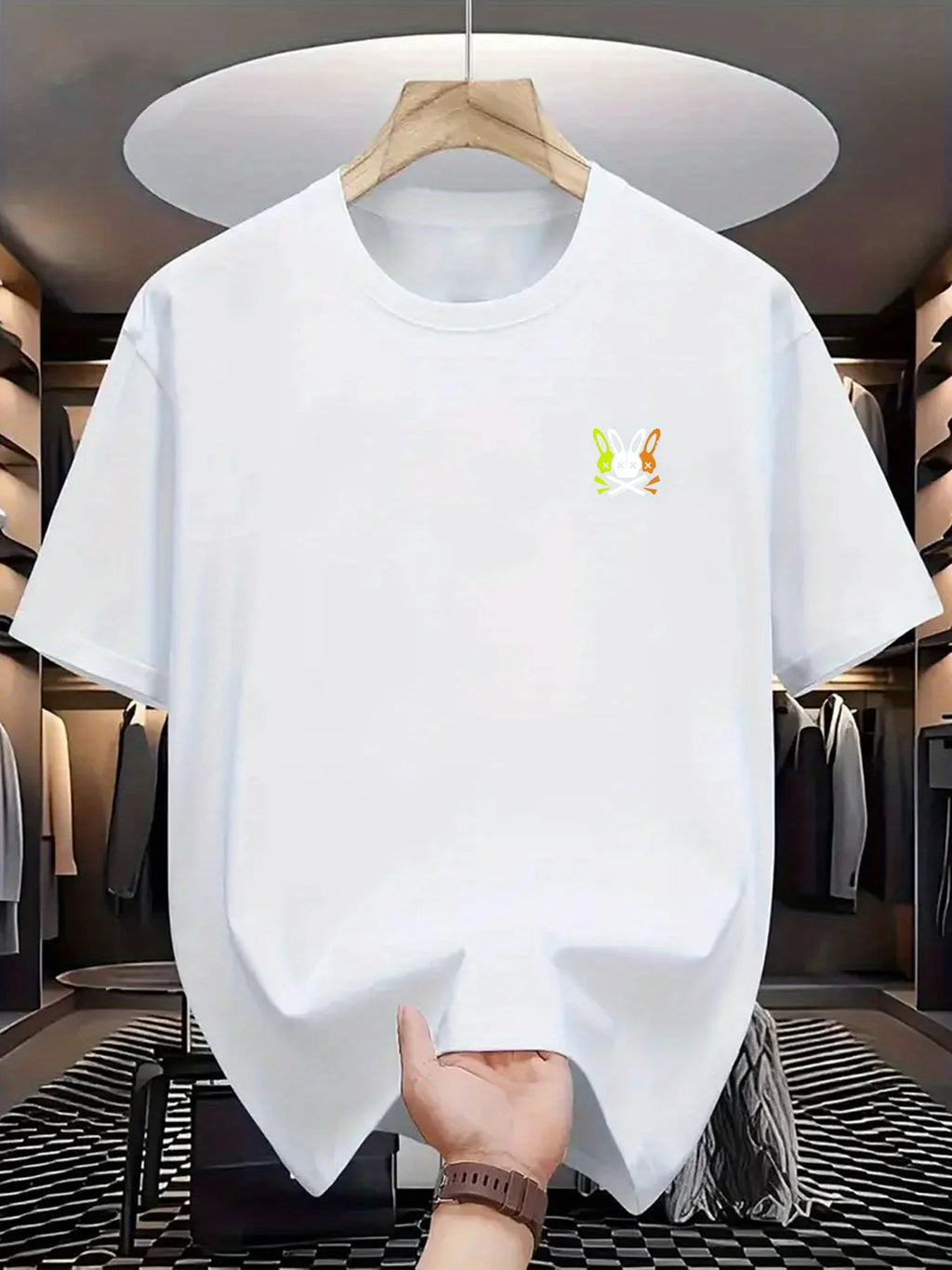 Summer men's 100% pure cotton sports casual loose skeleton rabbit pattern printed comfortable round neck short sleeved T-shirt