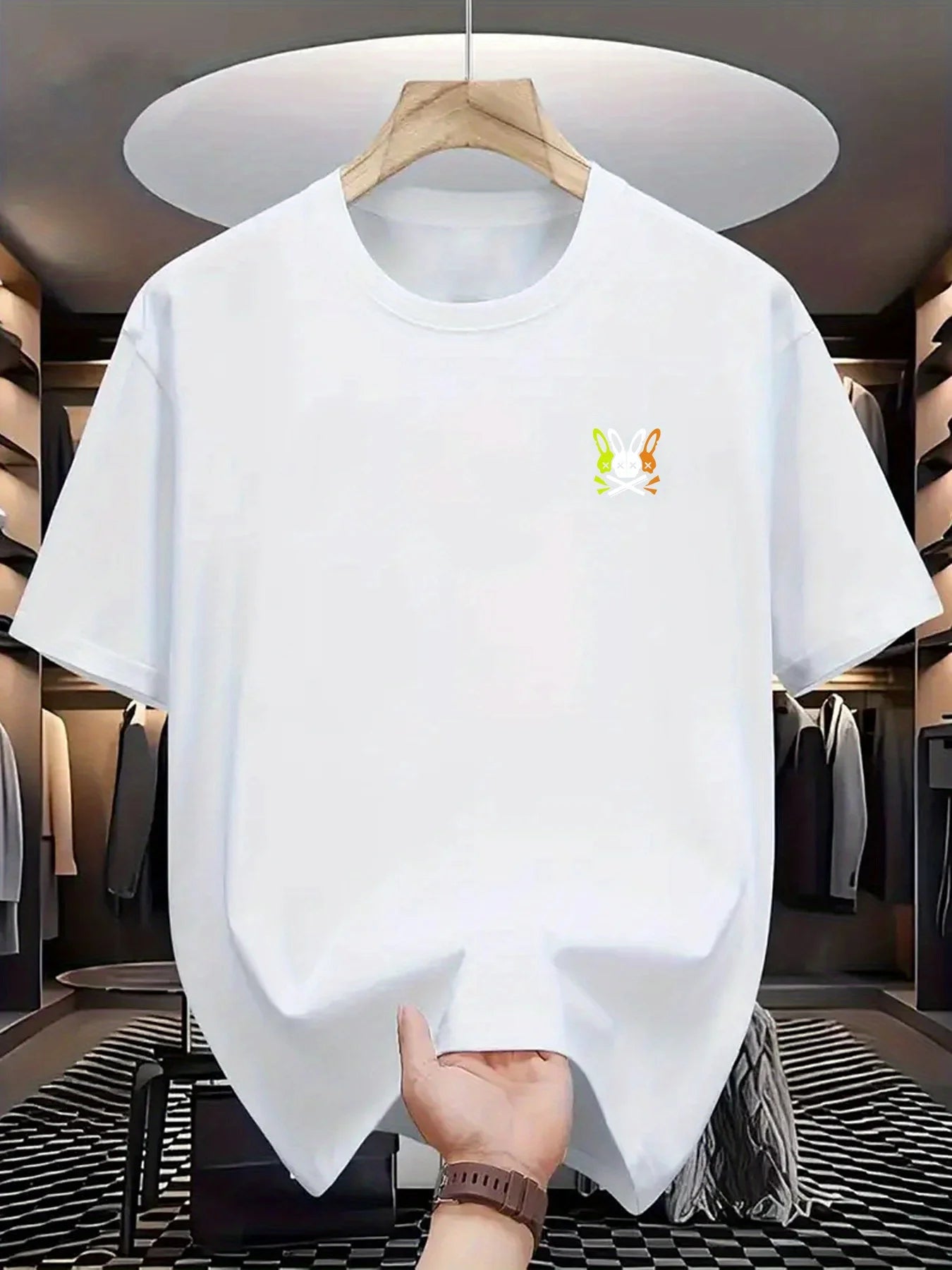 Summer men's 100% pure cotton sports casual loose skeleton rabbit pattern printed comfortable round neck short sleeved T-shirt