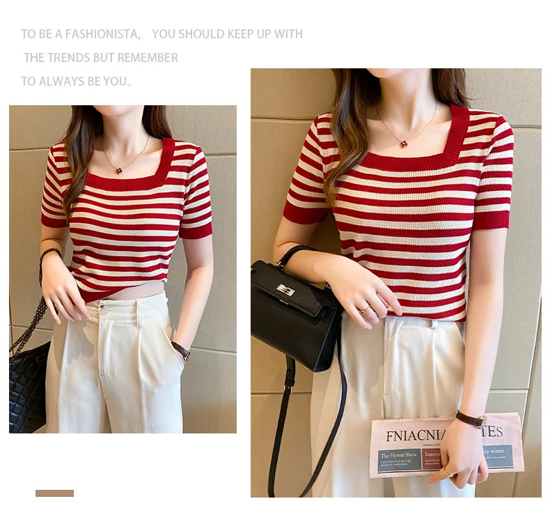 Summer Short Sleeve Striped T-Shirt Women Knitted Shirts Pullover Tops Female Elastic Casual Knit Tee Women's T-Shirts Crop Tops