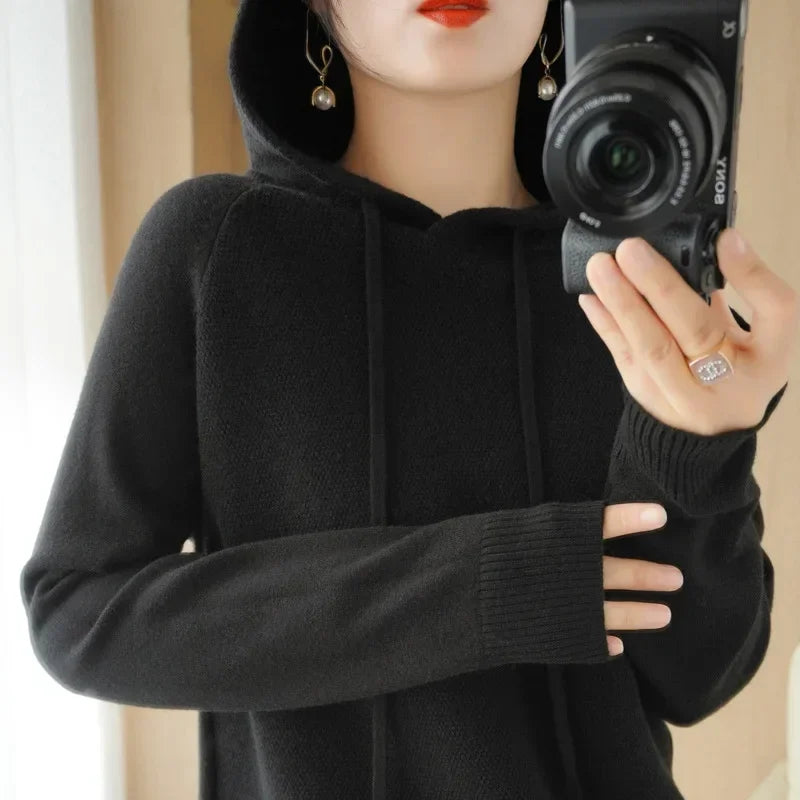 Hooded Sweater Woman Autumn Winter Long Sleeve Warm Bottoming Shirt Solid Casual Pullovers Knit Tops Korean Fashion Jumper 2025