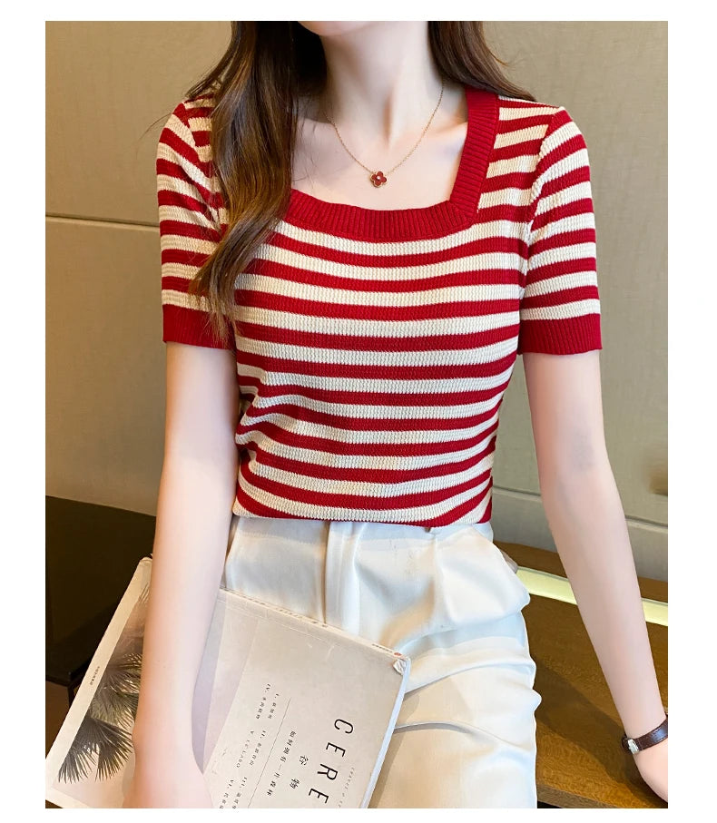 Summer Short Sleeve Striped T-Shirt Women Knitted Shirts Pullover Tops Female Elastic Casual Knit Tee Women's T-Shirts Crop Tops