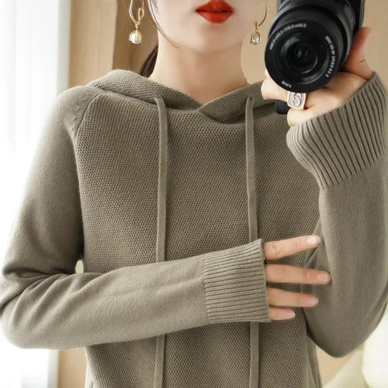 Hooded Sweater Woman Autumn Winter Long Sleeve Warm Bottoming Shirt Solid Casual Pullovers Knit Tops Korean Fashion Jumper 2025