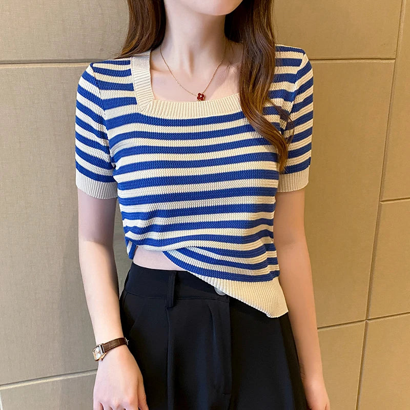 Summer Short Sleeve Striped T-Shirt Women Knitted Shirts Pullover Tops Female Elastic Casual Knit Tee Women's T-Shirts Crop Tops