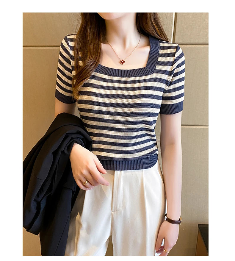 Summer Short Sleeve Striped T-Shirt Women Knitted Shirts Pullover Tops Female Elastic Casual Knit Tee Women's T-Shirts Crop Tops
