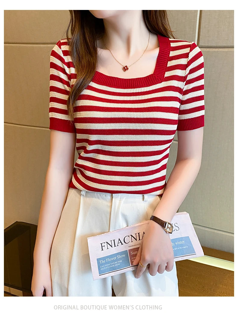 Summer Short Sleeve Striped T-Shirt Women Knitted Shirts Pullover Tops Female Elastic Casual Knit Tee Women's T-Shirts Crop Tops