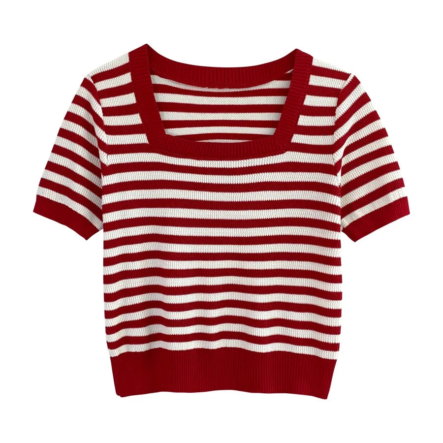 Summer Short Sleeve Striped T-Shirt Women Knitted Shirts Pullover Tops Female Elastic Casual Knit Tee Women's T-Shirts Crop Tops