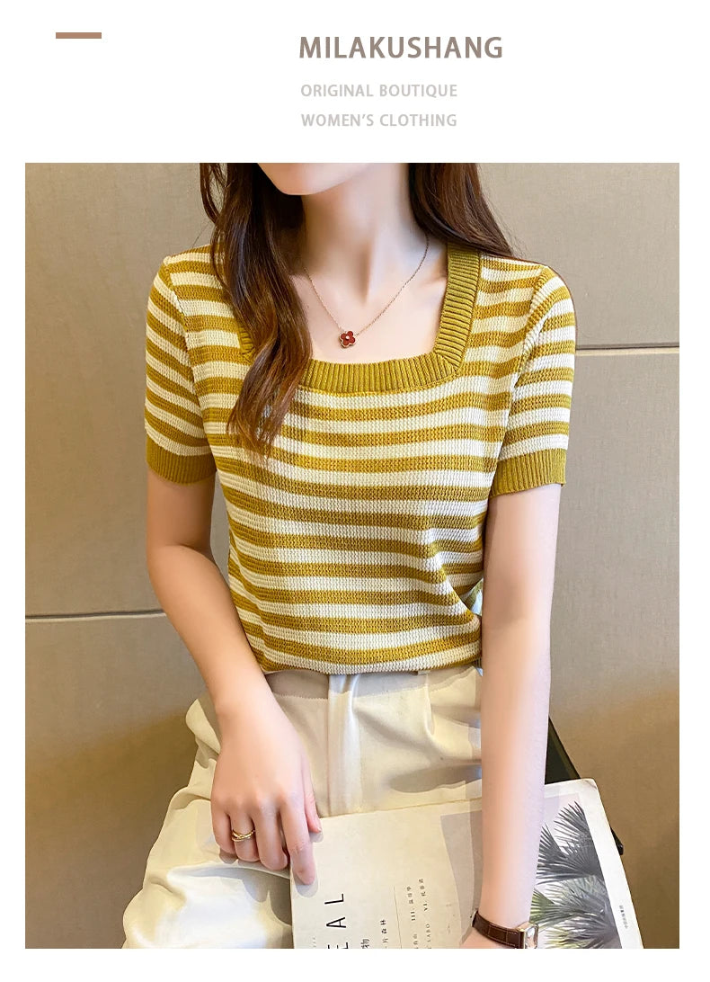 Summer Short Sleeve Striped T-Shirt Women Knitted Shirts Pullover Tops Female Elastic Casual Knit Tee Women's T-Shirts Crop Tops