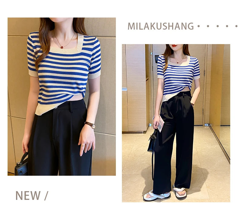 Summer Short Sleeve Striped T-Shirt Women Knitted Shirts Pullover Tops Female Elastic Casual Knit Tee Women's T-Shirts Crop Tops