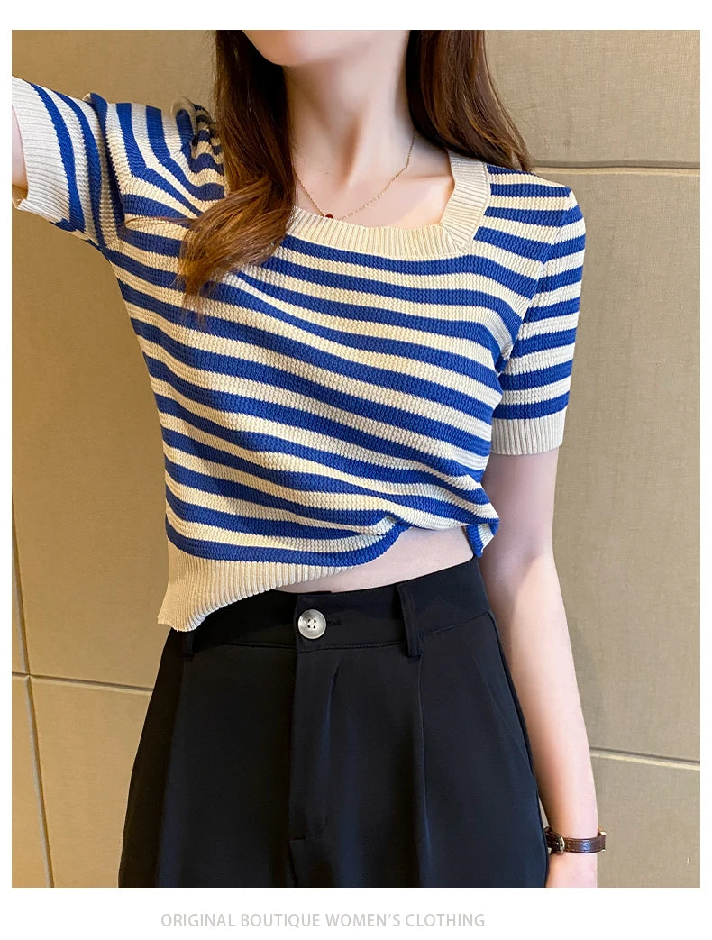 Summer Short Sleeve Striped T-Shirt Women Knitted Shirts Pullover Tops Female Elastic Casual Knit Tee Women's T-Shirts Crop Tops