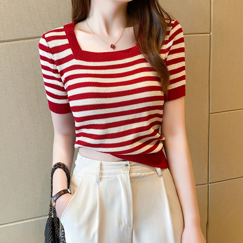 Summer Short Sleeve Striped T-Shirt Women Knitted Shirts Pullover Tops Female Elastic Casual Knit Tee Women's T-Shirts Crop Tops