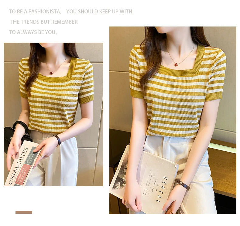 Summer Short Sleeve Striped T-Shirt Women Knitted Shirts Pullover Tops Female Elastic Casual Knit Tee Women's T-Shirts Crop Tops