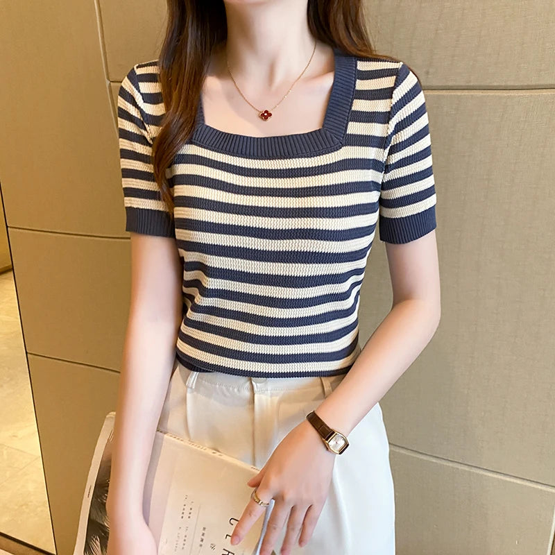 Summer Short Sleeve Striped T-Shirt Women Knitted Shirts Pullover Tops Female Elastic Casual Knit Tee Women's T-Shirts Crop Tops