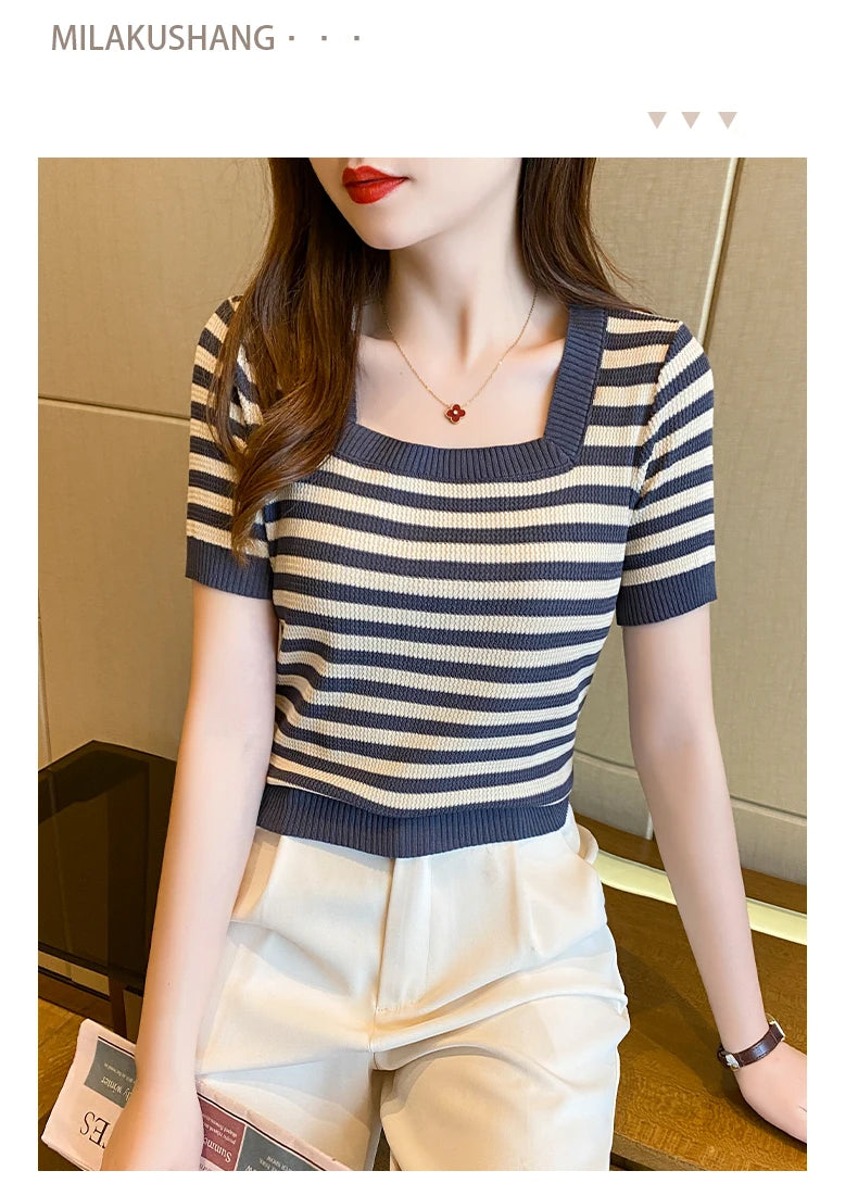 Summer Short Sleeve Striped T-Shirt Women Knitted Shirts Pullover Tops Female Elastic Casual Knit Tee Women's T-Shirts Crop Tops