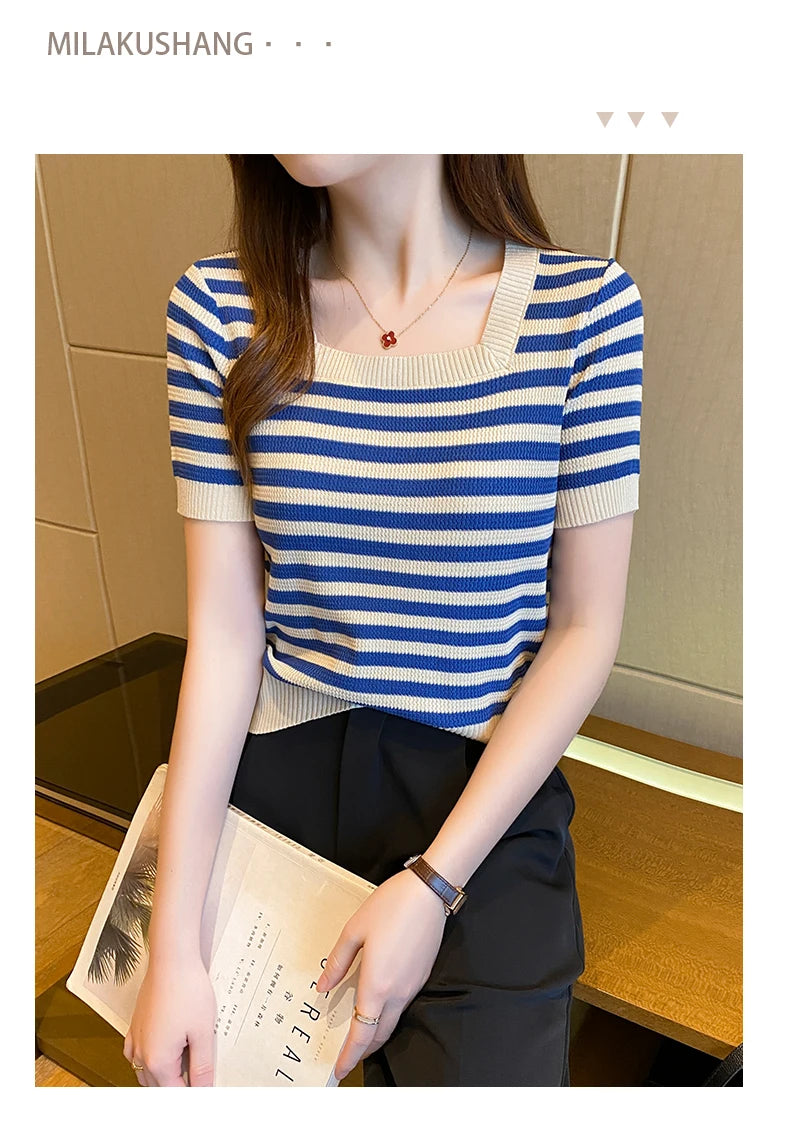 Summer Short Sleeve Striped T-Shirt Women Knitted Shirts Pullover Tops Female Elastic Casual Knit Tee Women's T-Shirts Crop Tops