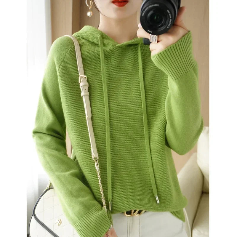 Hooded Sweater Woman Autumn Winter Long Sleeve Warm Bottoming Shirt Solid Casual Pullovers Knit Tops Korean Fashion Jumper 2025