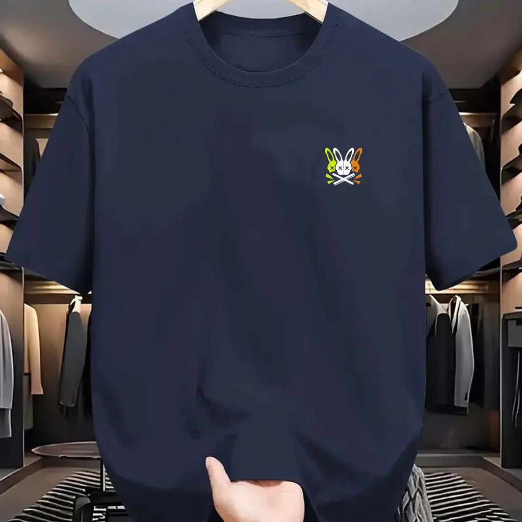 Summer men's 100% pure cotton sports casual loose skeleton rabbit pattern printed comfortable round neck short sleeved T-shirt